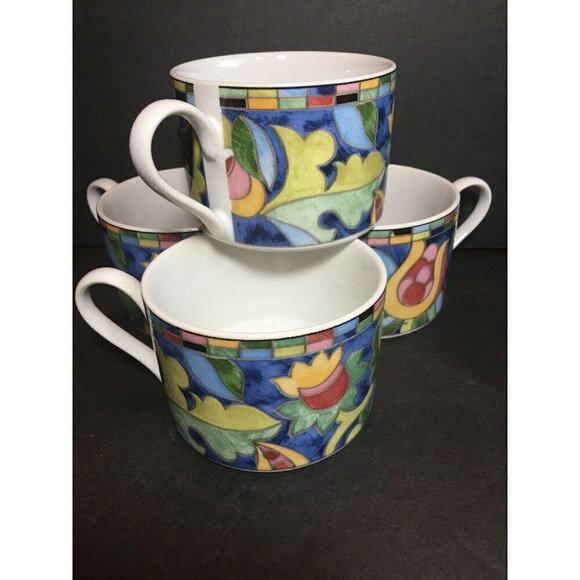 Set 4 Fantasia Cups Mosaic Stoneware PTS Int’l Interiors Teacup Blue Pink Floral - Picture 3 of 5
